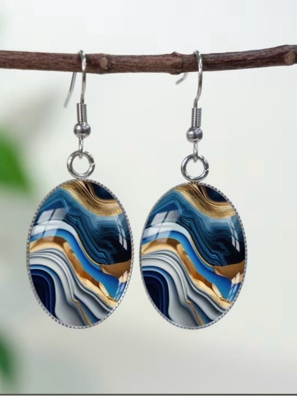 Deep Blue & Golden Marble Glass Cabochon Drop Earrings - 316 Stainless Steel